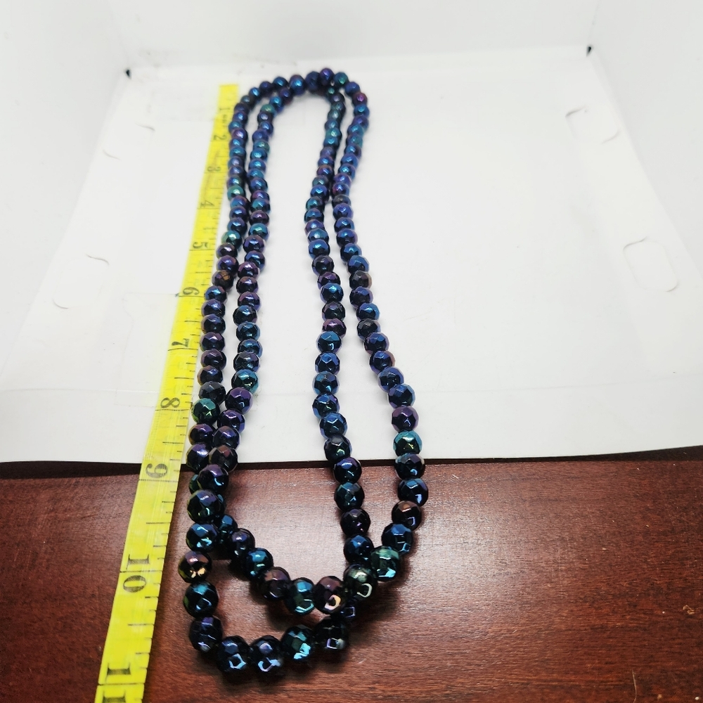 VTG Czech 45" Necklace Faceted Glass Bead Iridescent Carnival Peacock Fire Polis - Picture 6 of 9